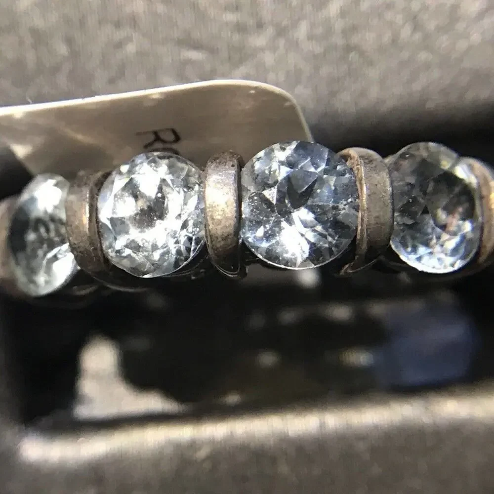 Aquamarine Ring Sz7 4 Round Stones Sterling Silver 925 (All Stones Simulated)